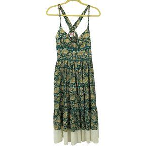 Free People Boho Eyelet Trim Peacock Feather Print Midi Dress Sz 10 Blue Cream